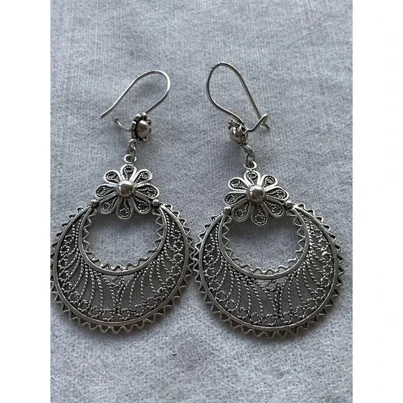 Vintage DGS Turkey Sterling Silver Crescent Moon Floral Dangle Earrings - Picture 4 of 6